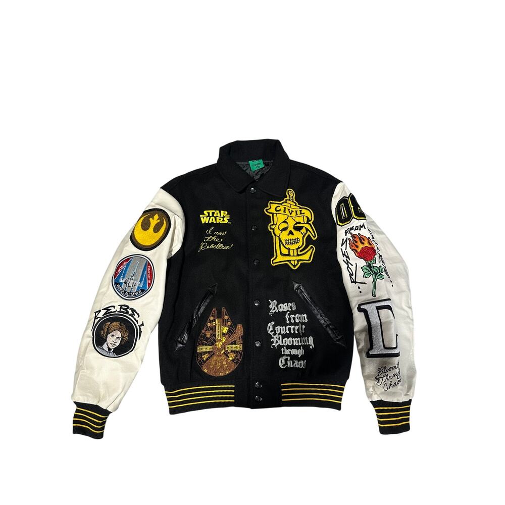 Civil Regime Varsity Jacket Black Cream Patchwork Letterman NWT LARGE - Picture 2 of 3